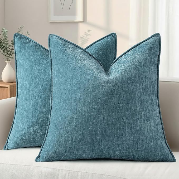 decorUhome Chenille Teal Velvet Throw Pillow Covers 20x20 Set of 2 | Fall Soft Couch Decorative Modern Farmhouse Pillow Cases with Elegant Design for Sofa Bed Living Room Home Decor