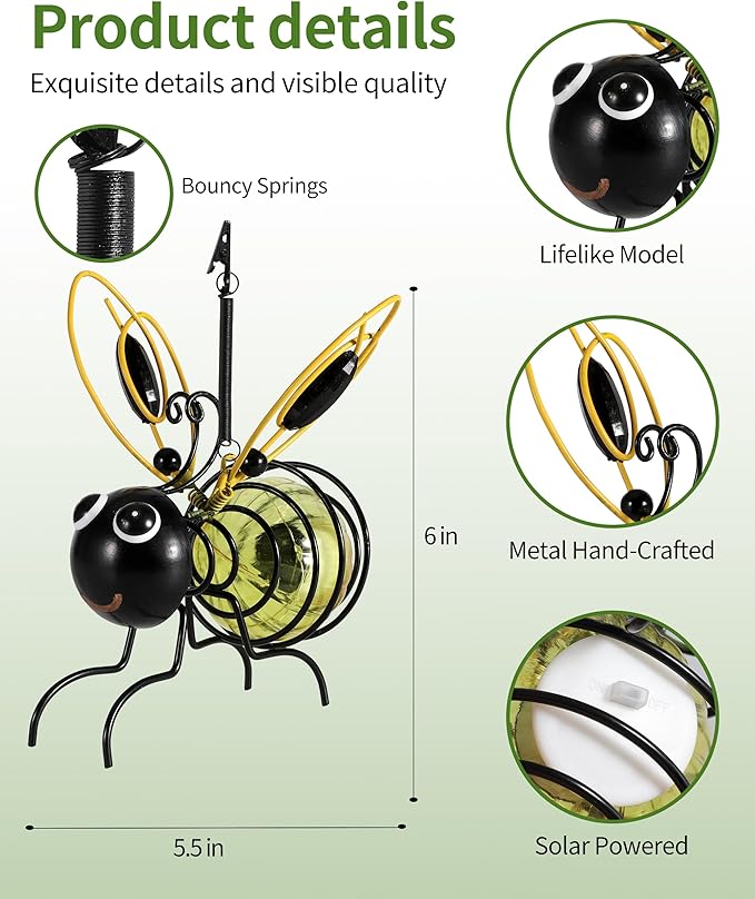iStatue Solar-Powered Hanging Bee Light - Metal LED Outside Bugs with Bouncy Springs - Solar Fairy Lights for Outside Garden Decor Backyard Balcony Porch Spring Decoration (Yellow)