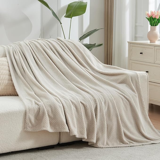 NEWCOSPLAY Fleece Leaves Pattern Twin Blanket, Linen, 60"x80" | Super Soft Throw Blanket, Lightweight Cozy Bed Sofa Blanket, Premium Silky Flannel Fleece, Travel Blanket for All Season Use