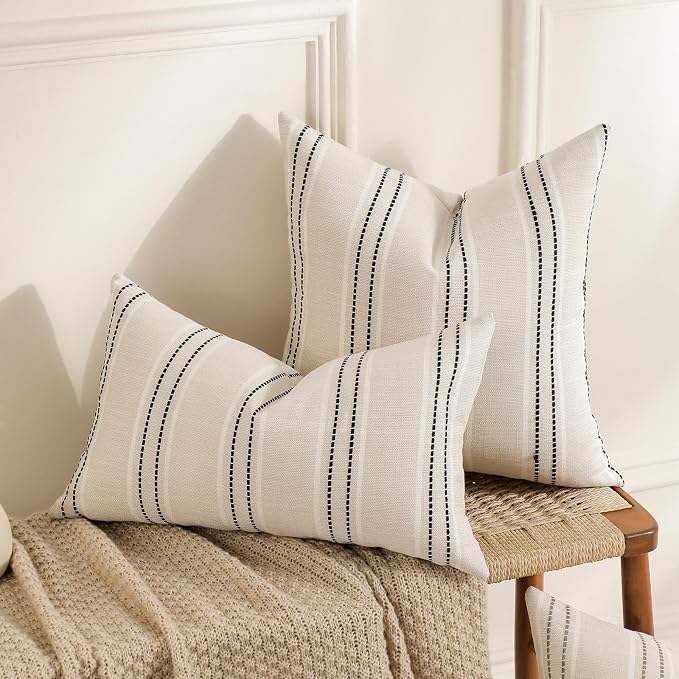 Hckot Throw Pillow Covers 24x24 Set of 2 Striped Pillow Covers Textured Linen Decorative Pillows Square Cushion Covers for Sofa Couch Bed Living Room Farmhouse Decor,Black