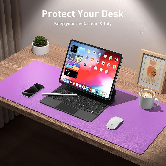 Aothia Leather Desk Pad Protector, Mouse Pad, Office Desk Mat, Non-Slip PU Leather Desk Blotter, Laptop Desk Pad, Waterproof Desk Writing Pad for Office and Home (23.6" x 13.7", Iris Violet)
