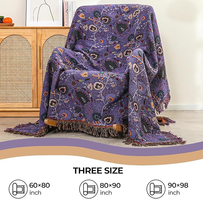 Boho Throw Blanket for Bed,100% Ultra Cotton Soft Breathable Bed Throw Floral Printed Farmhouse Decor Rustic Bed Throws for Couch Sofa Quilt Purple Flowers 60" x 80"