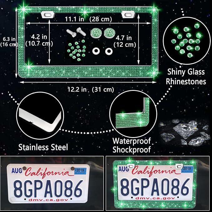 NBTEPEM 27 PCs Green Bling Car Accessories Set for Women, Steering Wheel Covers Universal Fit 15 Inch, Bling License Plate Frame, Bling Phone Holder, Bling Car Coasters (Green Diamond)