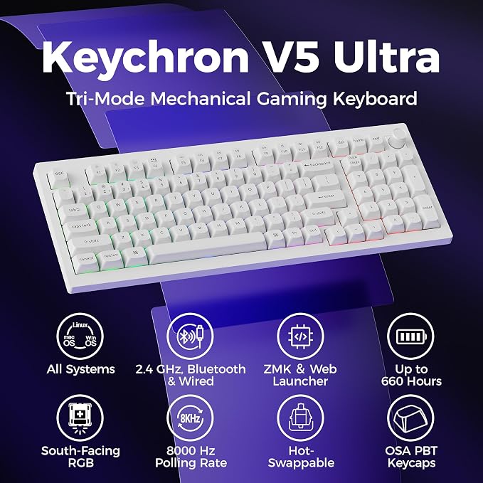 Keychron V5 Ultra 96% Wireless Mechanical Keyboard with 8000Hz Polling Rate & NKRO, Hot-Swappable RGB, Brown Switches, 97 Keys, 2.4GHz/Bluetooth/Wired, OSA PBT Keycaps, for Mac/Win/Linux - White
