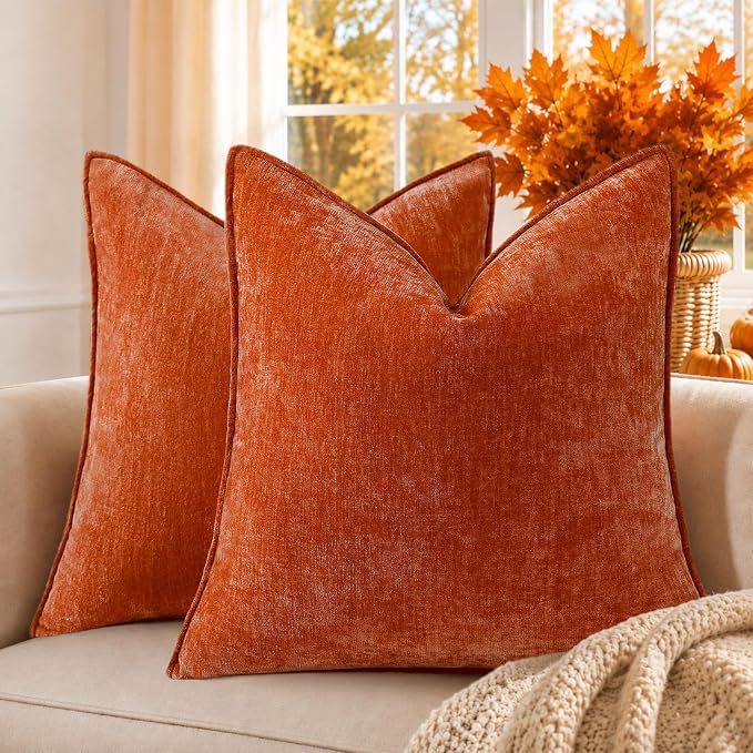 decorUhome Chenille Rust Velvet Throw Pillow Covers 26x26 Set of 2 | Fall Soft Euro Sham Couch Decorative Modern Farmhouse Pillow Cases with Elegant Design for Sofa Bed Living Room Home Decor