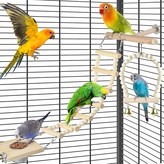 5in1 Bird Perch Ladder with Swing, Natural Wood Parrot Perches Platform with Stainless Steel Feeding Cup, Play Gyms Stands Playground for Budgie Conure Lovebird Canary Hamsters