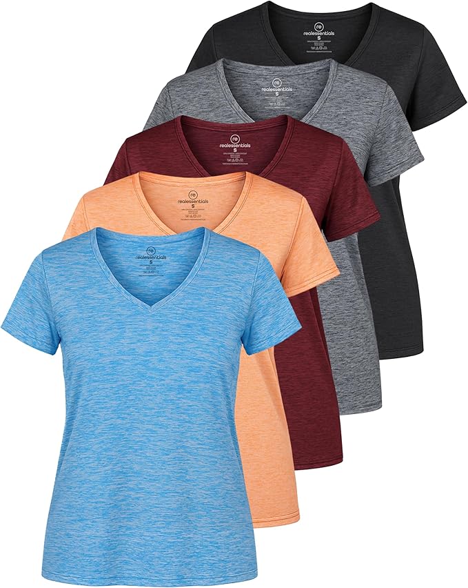 5 Pack Women's Dry Fit V Neck Workout Tops T Shirts Athletic Gym Yoga Tees | Available In Plus Size, Cooling Moisture-Wicking, Short Sleeve, Quick-Dry, Fitness, Stretch, Exercise, Running, Hiking