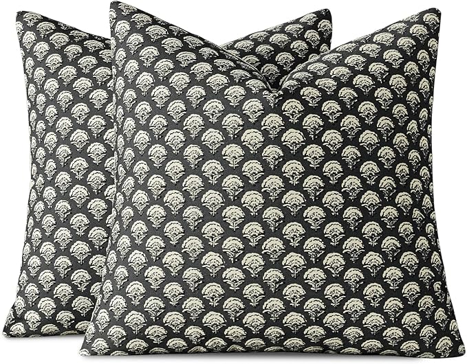 MIULEE Floral Print Decorative Pillow Covers 18x18, Black | Vintage Boho Farmhouse Modern Home Decor, Set of 2, Block Print Cushion Covers for Couch Sofa Bed Living Room