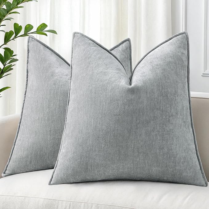 decorUhome Chenille Ultimate Gray Throw Pillow Covers 26x26 Set of 2 | Fall Soft Euro Sham Couch Decorative Modern Velvet Pillow Cases with Elegant Design for Sofa Bed Living Room Home Decor