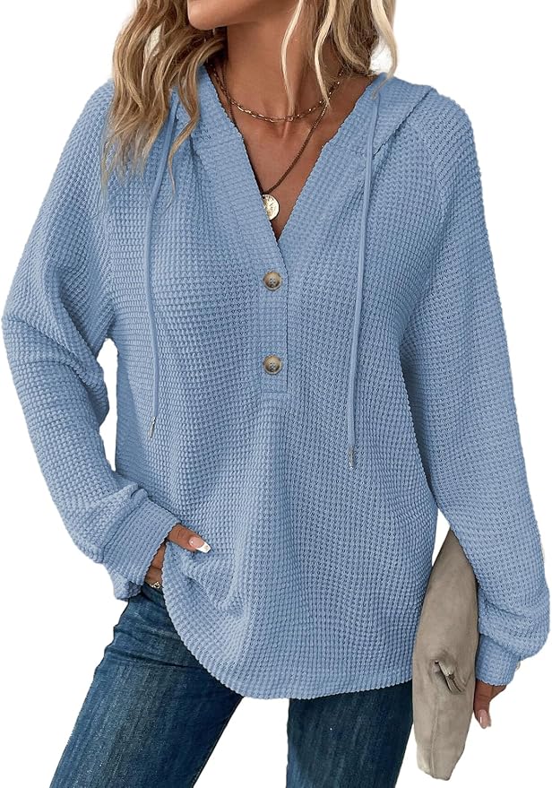 Dokotoo Hoodies for Women Waffle Knit Long Sleeve Drawstring Button V Neck Casual Sweatshirt Hooded Tops Fashion Clothing