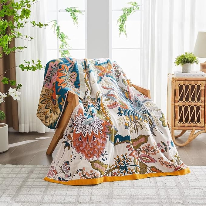 Boho Throw Blanket Farmhouse Decor Throw Blanket Bohemian Blanket for Bed 100% Cotton Muslin Woven Couch Blanket All Seasons Quilt Bedroom (J-Beige, 60"x80")