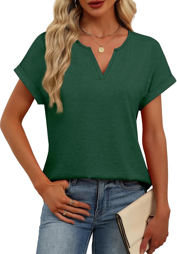 Womens Tops Dressy Casual V Neck Rolled Sleeve T Shirts Fashion Clothing Business Casual Outfits Beach Vacation Clothes