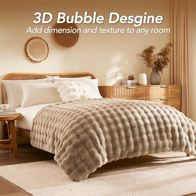 L'AGRATY Faux Rabbit Fur Throw Blanket for Couch, 50'' x 60'', Light Linen | Soft Cozy Bubble Fluffy Blanket for Sofa Bed, Thick Warm Plush Fuzzy Throw for Room Home Decor, Luxury Gift for Women Mom