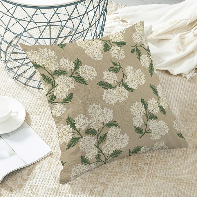 AEIOAE Spring Pillow Covers 20x20 Inch Set of 2, Beige Green Hydrangea Flower Throw Pillows Case,Floral Summer Outdoor Seasonal Decorative Farmhouse Decor Cushion Covers for Home Sofa Bed Couch