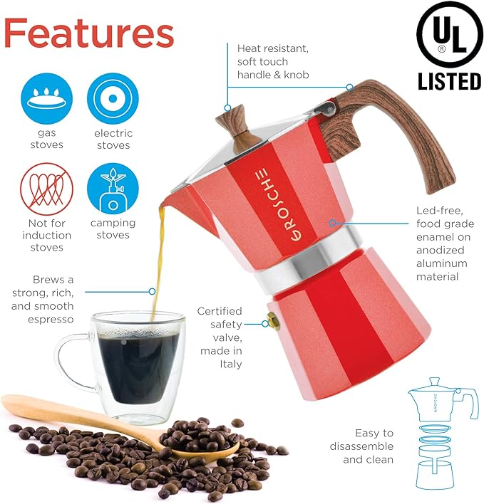 GROSCHE Milano Stovetop Espresso Maker Moka Pot 3 espresso Cup - 5oz, Red - Cuban Coffee Maker Stove top coffee maker Moka Italian espresso greca coffee maker brewer percolator | Cuban Coffee Maker And Italian Moka Pot For Stovetop Espresso; For Gas, E...