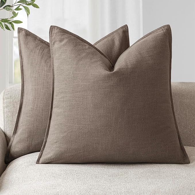 Foindtower Set of 2, Decorative Linen Solid Throw Pillow Covers Soft Accent Euro Cushion Case Farmhouse Neutral Pillowcase for Chair Couch Sofa Bedroom Living Room Home Decor 26 x 26 Inch Light coffee