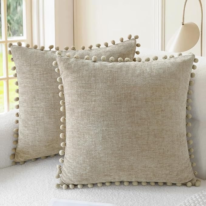 CaliTime Decorative Couch Throw Pillow Covers 18 X 18 Inches Taupe | Pack of 2, Cozy Chenille Cushion Cases, with Pom Poms for Sofa Bed Living Room Farmhouse Home