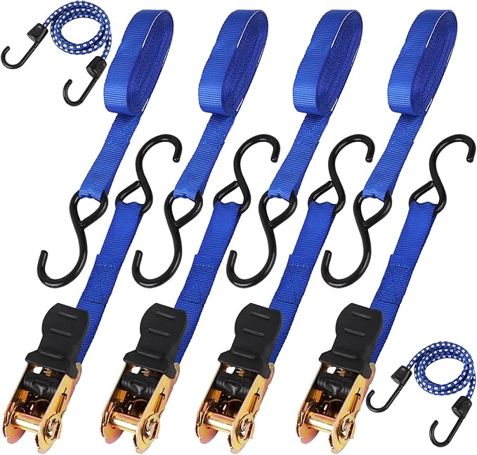 HORUSDY Ratchet Straps, 2,200 LB Break Strength, 4-Pack 15FT Ratchet Tie Down Straps Set for Motorcycle Straps Tie Downs, Appliances, Lawn Equipment, Cargo Straps for Trucks. (Blue)