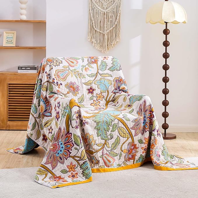 XIBLC Boho Throw Blanket for Bed, 100% Cotton Soft Rustic Quilt Fall Blanket, 50"x60" Floral Printed Farmhouse Decor Bed Blankets, All Season Rustic Reversible Bohemian Throw Quilt