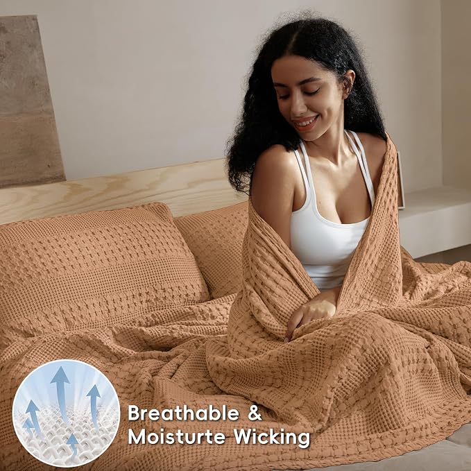 PHF 100% Cotton Waffle Weave Blanket King Size, Lightweight Breathable Summer Blanket for Hot Sleepers, Pre-Washed Soft Layer for Bed, Couch, Home Decor Gift, 108"x90", Clay