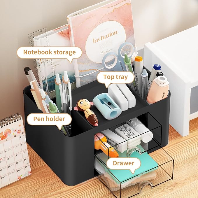 Marbrasse Pen Organizer with 2 Drawer, Multi-Functional Pencil Holder for Desk, Desk Organizers and Accessories with 5 Compartments + Drawer for Office Art Supplies (Black)