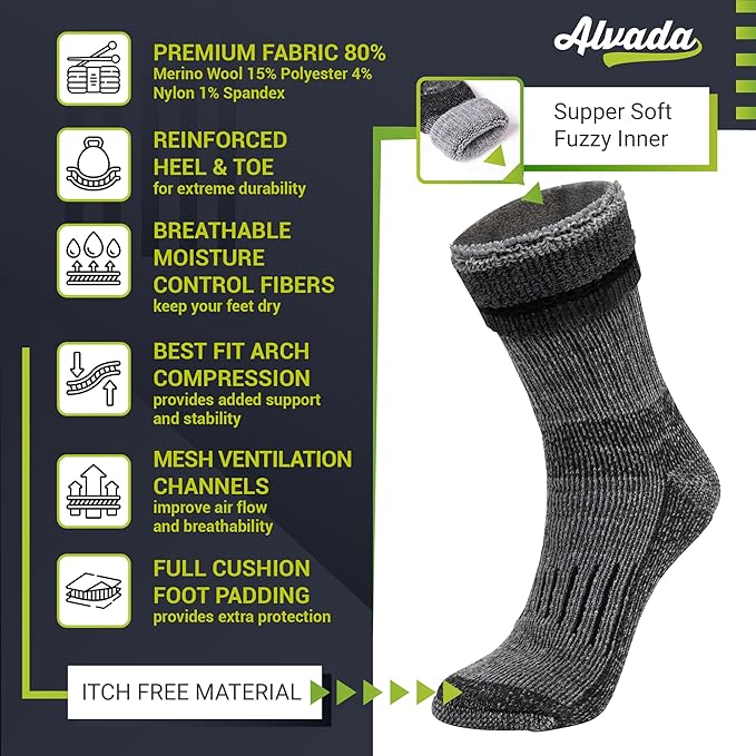 Alvada Warm Thermal Wool Socks for Winter Moisture Wicking and Breathable Cozy Boot Socks