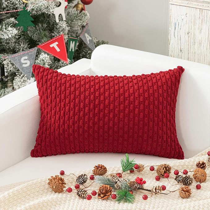 Kevin Textile Soft Corduroy 14"x24" Lumbar Pillow Cover 1 Pack, Red | Boho Stripe Plush Corduroy Decorative Oblong Cushion Cover Modern Farmhouse Home Decor for Sofa Couch Bed Chair