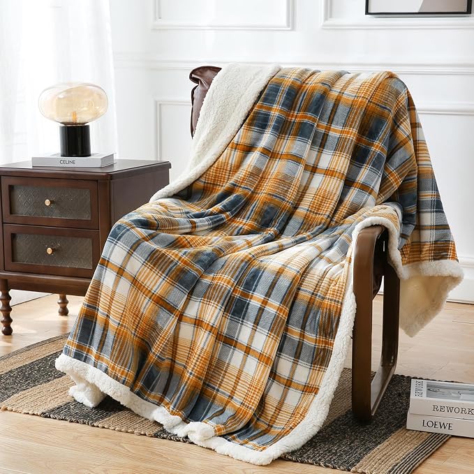 PU MEI Sherpa Blanket Queen Plaid Thick Bed Blanket, 80”*90” Super Soft Flannel Fuzzy Fleece Reversible Velvet Plush Warm Blanket for Couch (Blue Yellow Check)