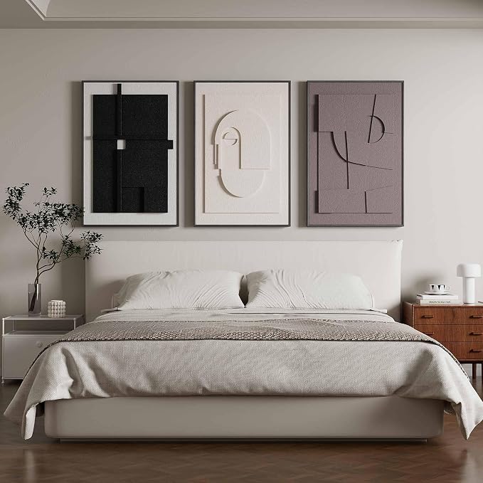 Thalasse Modern Abstract Wall Art Framed 3D Earth Tone 20x30 In | Textured sculpture artwork, minimalist geometric cubist, living room home office dining room, 3 piece set