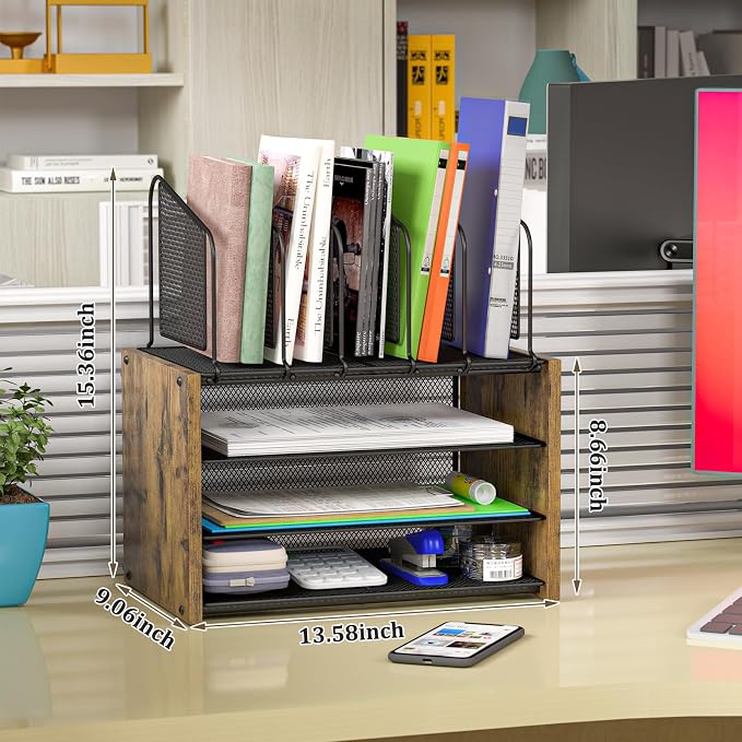 4-Tier Desk Organizer, Desk File Organizer with 5 Vertical File Holders, Office Desktop Organizer with 3 Level Paper Organizer Letter Tray, Wooden Desk Organizers and Accessories for Home Office