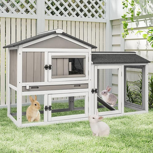 57" L Wooden Rabbit Hutch Outdoor Indoor with Waterproof Roof, 2-Story Bunny Hutch with Pull Out Tray, Chew-Resistant Ramp, Ideal for Rabbit, Guinea Pig, Hamster (57" L X 21" W X 33.5" H)