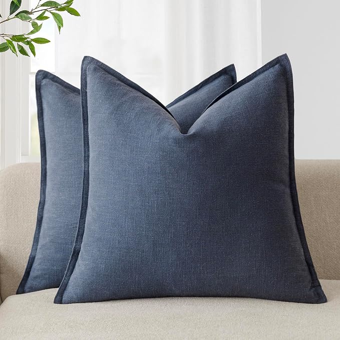 Foindtower Pack of 2, Decorative Linen Solid Throw Pillow Covers Soft Accent Square Cushion Case Boho Farmhouse Pillowcase for Chair Couch Sofa Bedroom Living Room Home Decor 20 x 20 Inch Navy Blue