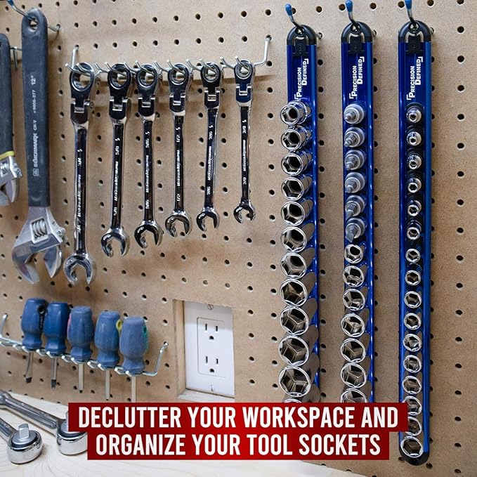 Precision Defined Aluminum Tool Socket Holder | Blue, Single 1/4-Inch Socket Organizer x 16 Clips | Heavy Duty Socket Rails Organizer, Socket Storage, Socket Tray 360 Rotation