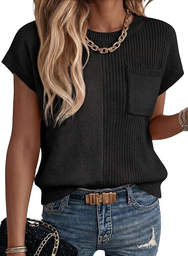 Dokotoo Summer Knit Tops for Women Sleeveless Crewneck T Shirts Casual Lightweight Sweater Blouses Shirts