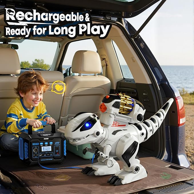 Ruko 8809 Robot Dinosaur Toys for Kids, Birthday Gift for Boys Age 3-8 | Interactive with Sound Effects, Remote Control T-Rex, STEM Programmable, Rechargeable, LED Eyes, Soft Dart, White