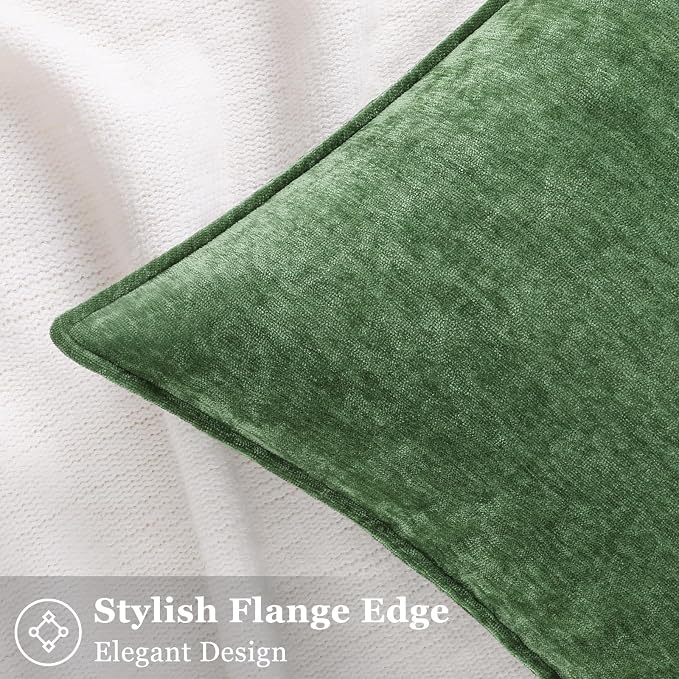 decorUhome Chenille Moss Green Velvet Throw Pillow Covers 22x22 Set of 2 | Fall Soft Euro Sham Couch Decorative Modern Farmhouse Pillow Cases with Elegant Design for Sofa Bed Living Room Home Decor