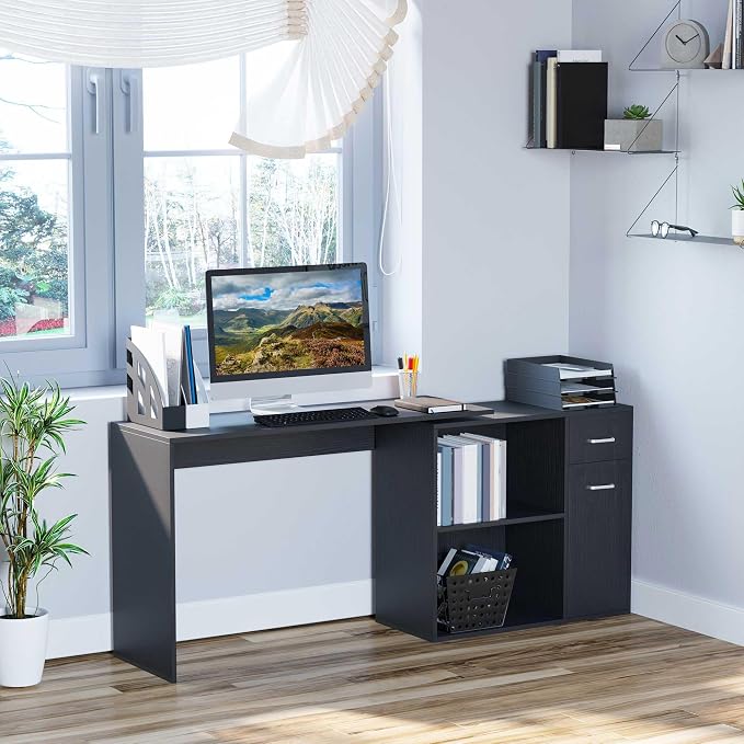 HOMCOM L Shaped Computer Desk 180° Rotating 47.25"x19.75"x 53.75", Black | Corner Desk, Storage Shelves, Drawer, Cabinet, Study Workstation, for Home Office