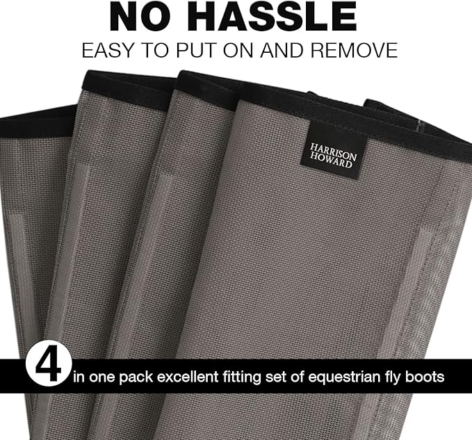 Harrison Howard Loose Fitting Fly Boots UV-Protective Extra Tough Mesh Ventilated Four Fasteners Stay-on Design Protect Horse Legs & Stomp-Reducing Set of 4 Dark Grey Small