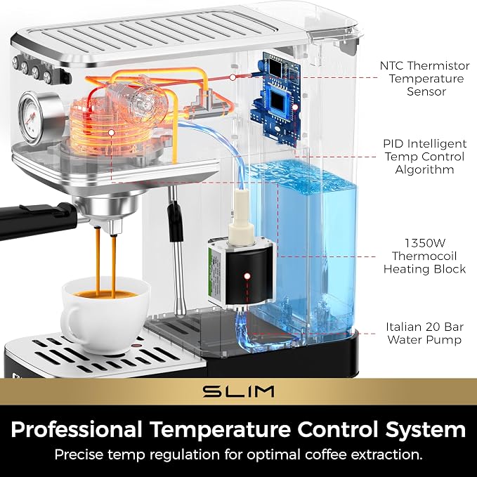 CHULUX Slim Espresso Machine with Milk Frother for Home Cappuccino, Black | Precise Pressure Gauge, Food-Grade Materials, 20 Bar Italian Pump, Professional Temperature Control System, Stainless Steel