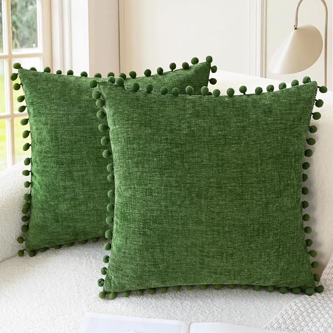 CaliTime Decorative Couch Throw Pillow Covers 22 X 22 Inches Forest Green | Pack of 2, Cozy Chenille Cushion Cases, with Pom Poms for Sofa Bed Living Room Farmhouse Home