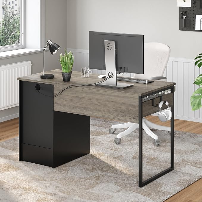 Bestier 48” Computer Desk with Drawers, Office Desk with Storage, Industrial Wood Writing Desk with File Drawer, Keyboard Tray & 2 Hooks for Home Office & Studio, Gray