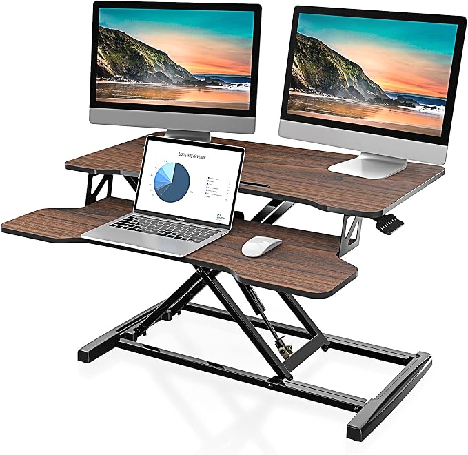 FITUEYES Height Adjustable Standing Desk 32” Wide Sit to Stand Converter Stand Up Desk Tabletop Workstation for Laptops Dual Monitor Riser Brown SD308002WE