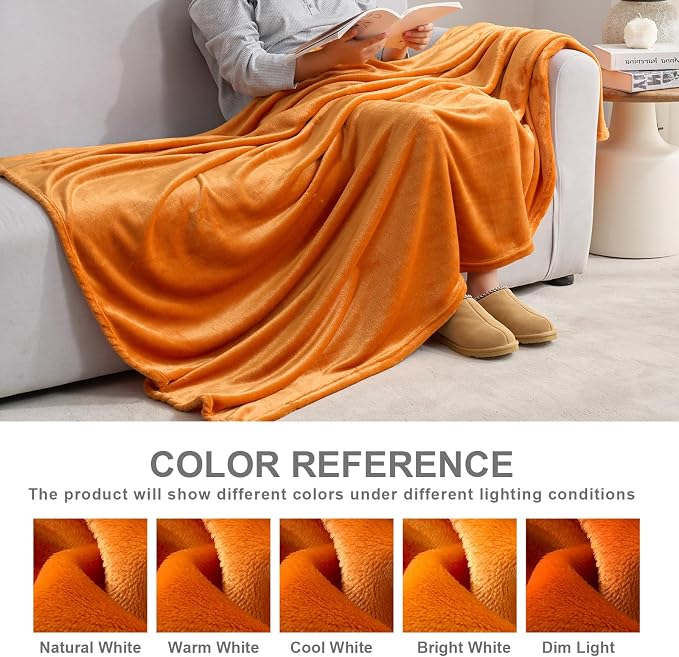 Hansleep Queen Orange Fleece Blanket, Soft Flannel Bed Blanket | Fuzzy Cozy Blanket 90x90 Inches, Multi-use for Bed, Sofa, Couch, Travel, Camping, All Season Warm Lightweight Cover