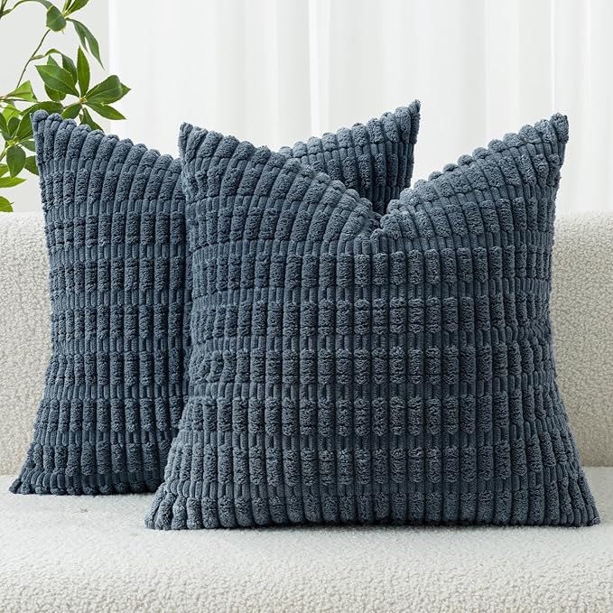 MIULEE Pack of 2 Corduroy Decorative Throw Pillow Covers 18x18 Inch Soft Boho Striped Pillow Covers Modern Farmhouse Home Decor for Summer Coastal Sofa Living Room Couch Bed Blue
