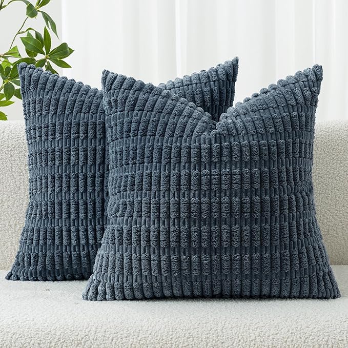 MIULEE Pack of 2 Corduroy Decorative Throw Pillow Covers 20x20 Inch Soft Boho Striped Pillow Covers Modern Farmhouse Home Decor for Summer Coastal Sofa Living Room Couch Bed Blue