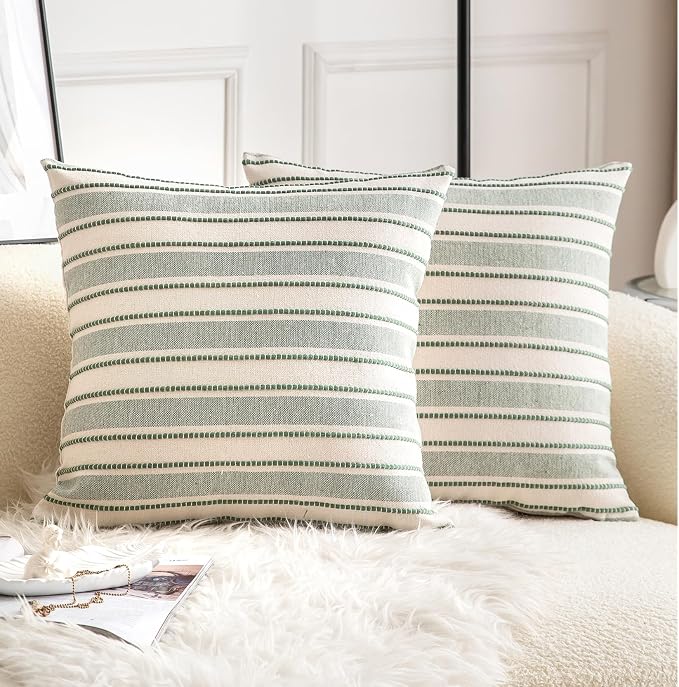 Cethom Decorative Boho Throw Pillow Covers, Farmhouse Textured Pillow Case, 18 x 18 Inch Set of 2, Chair Sofa Bedroom Living Room Home Decor Couch Cushion Case, Green and Beige Striped