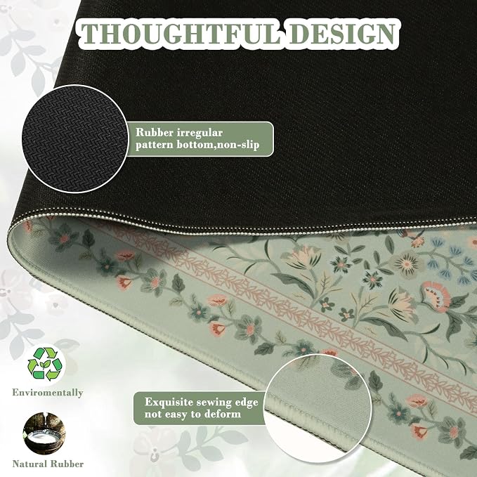 iCasso Aesthetic Floral Desk Mat,31.5x11.8in Mouse Pads,Light Green | Anti-Slip Mousepad with Stitched Edges, Waterproof Computer Pad, Desk Accessories Office Decor for Women