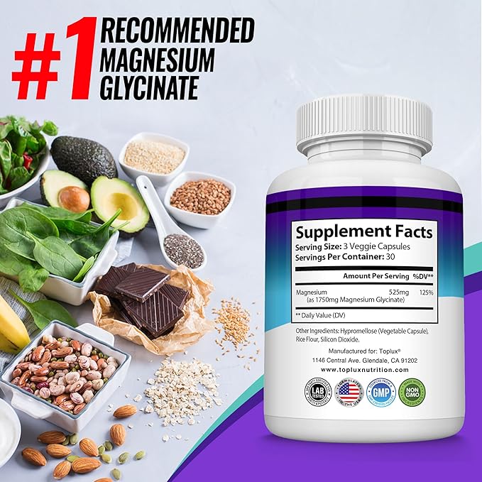 Magnesium Glycinate 525mg - High Absorption Chelated Magnesium Supplement Made with Pure Magnesium Glycinate - Supports Muscles, Sleep, Cramps, Recovery Bisglycinate Complex Vegan Non-GMO 90 Capsules