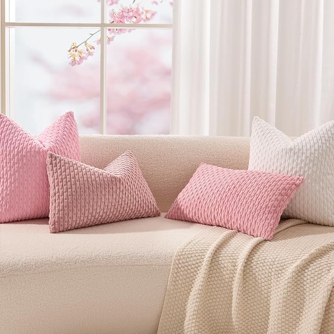 Kevin Textile Soft Corduroy 14"x24" Lumbar Pillow Cover 1 Pack, Pink | Boho Stripe Plush Corduroy Decorative Oblong Cushion Cover Modern Farmhouse Home Decor for Sofa Couch Bed Chair