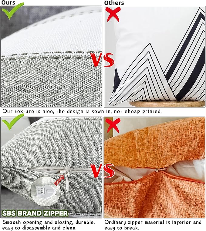 Pack of 2 Farmhouse Stripe Check Throw Pillow Covers Set Case Cotton Linen Decorative Pillowcases Cushion Cover for Couch Bench Sofa 22x22Inch Light Grey Beige